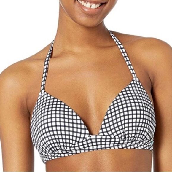 Roxy Black White Check Gingham Bikini Swim Top Excellent Condition Small Halter - Picture 1 of 10